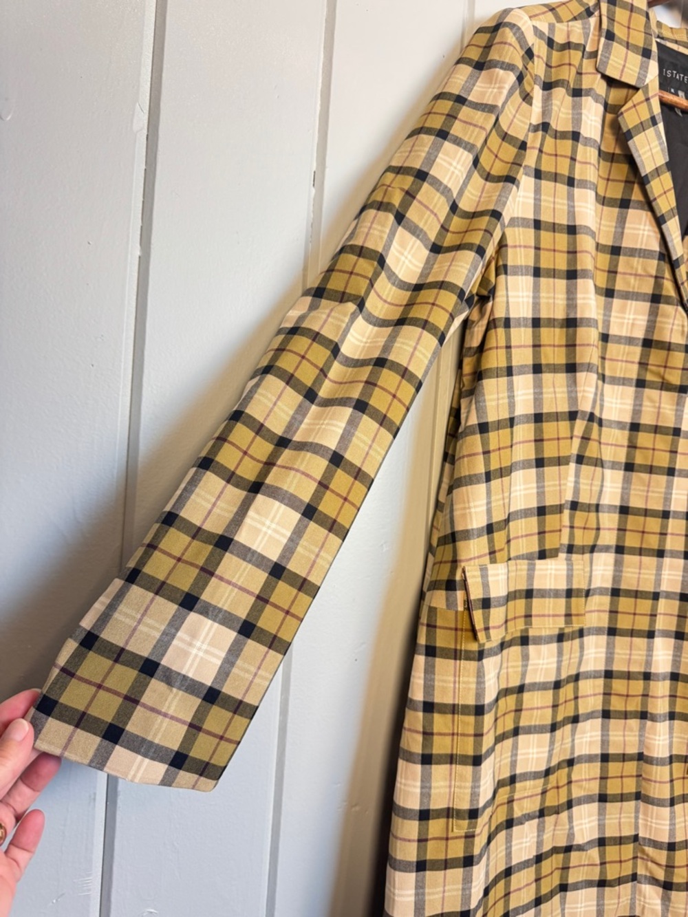 1. State Folklore Plaid Notched Lapel Mac Checked Trench Coat Lightweight XL - Picture 5 of 14